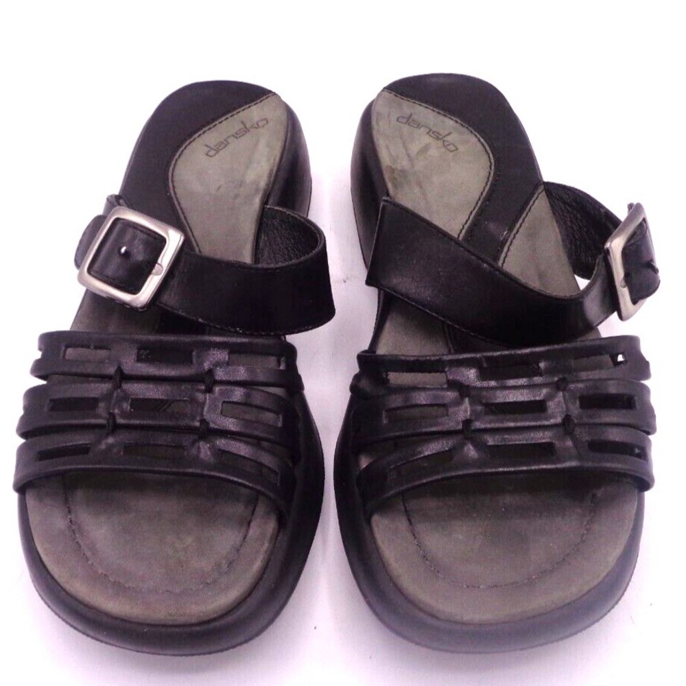 Dansko Leather Slide Sandals Black Sz 36/6 Women Buckle Wedge Slip On Shoes